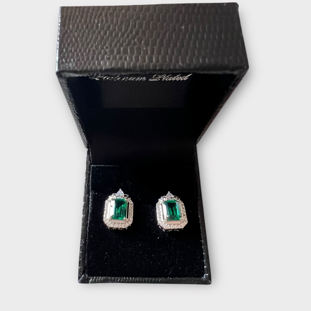 Gold Coast Platinum Plated Green Rectangular Faux Emerald Pierced Stud Earrings
